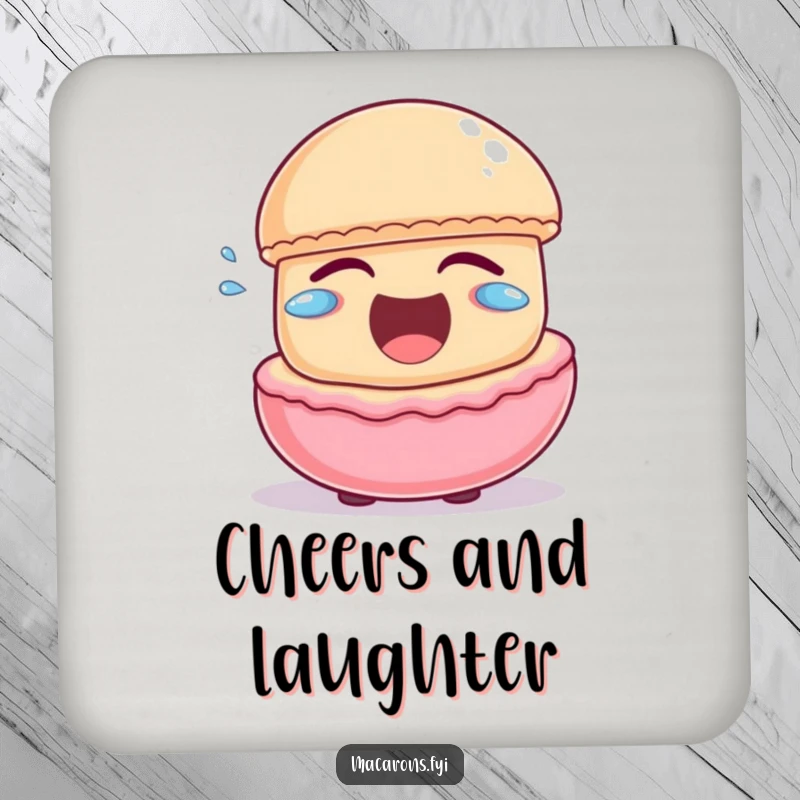 Funny macaron character laughing heartily with little joyful tears escaping, on a decorative drink coaster.