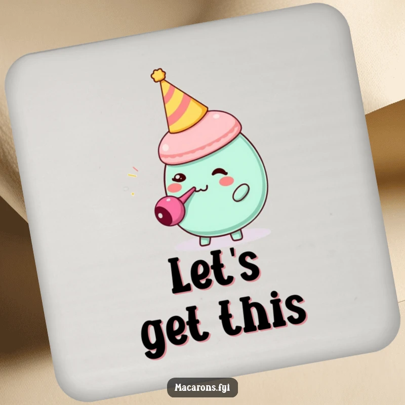 Funny macaron character wearing a party hat, comically blowing a tiny party blower, on a decorative drink coaster.