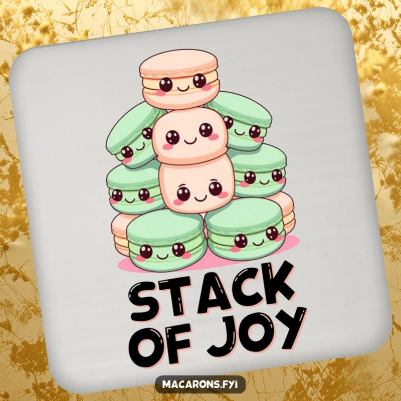 Funny macadamia nut coaster depicting a pyramid of happy macarons, one precariously balanced, a delightful drink accessory.