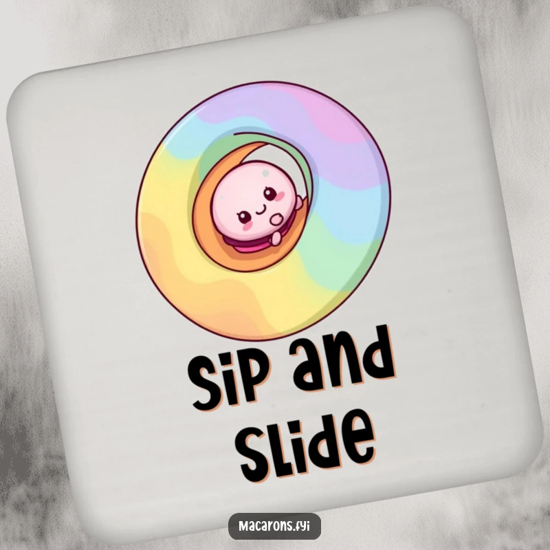 Funny macaron character sliding down a vibrant rainbow swirl on a protective drink coaster, adding playful decor.