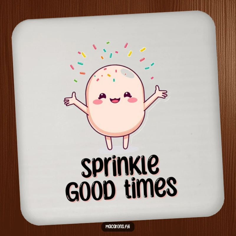 Funny macaron character joyfully receiving a shower of colorful sprinkles, illustrated on a protective drink coaster.