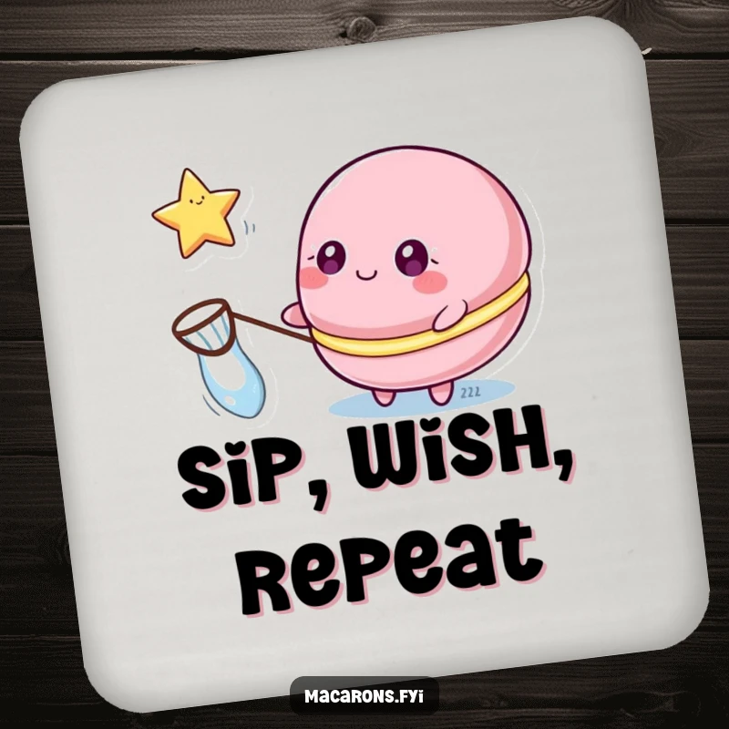 Funny macaron coaster featuring a macaron character with sparkling eyes catching a floating star with a small net, guarding drinks.