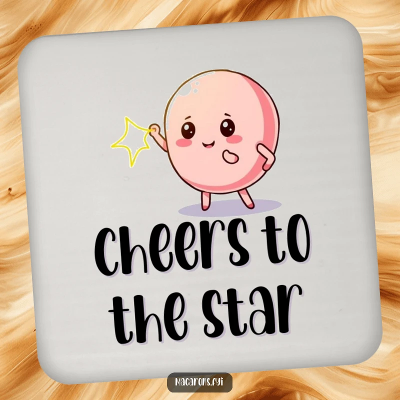 Funny macaron drink coaster with a dramatic macaron character under a spotlight, protecting surfaces with style.