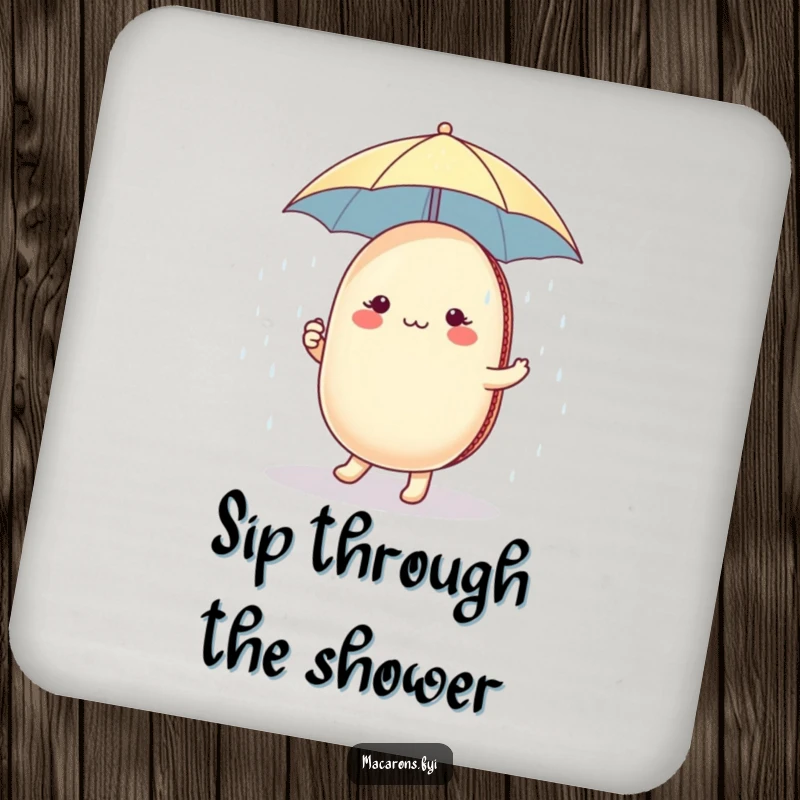 Funny macaron character holding a tiny umbrella, dancing in a sugar shower, protecting surfaces with whimsical, sweet, and funny designs.