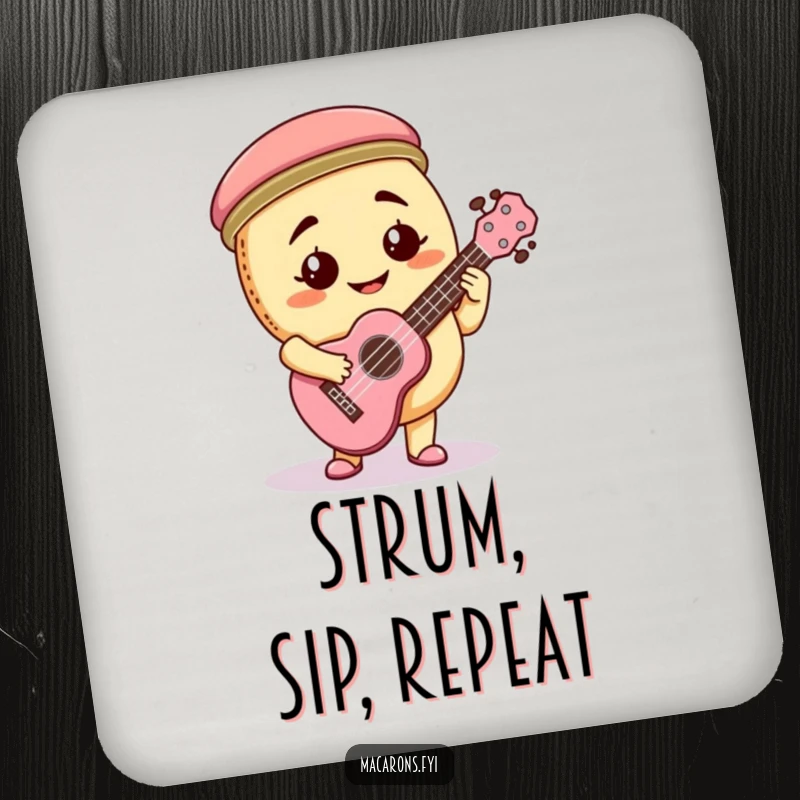 Funny macaron character playing a tiny ukulele with a goofy smile on a protective drink coaster.