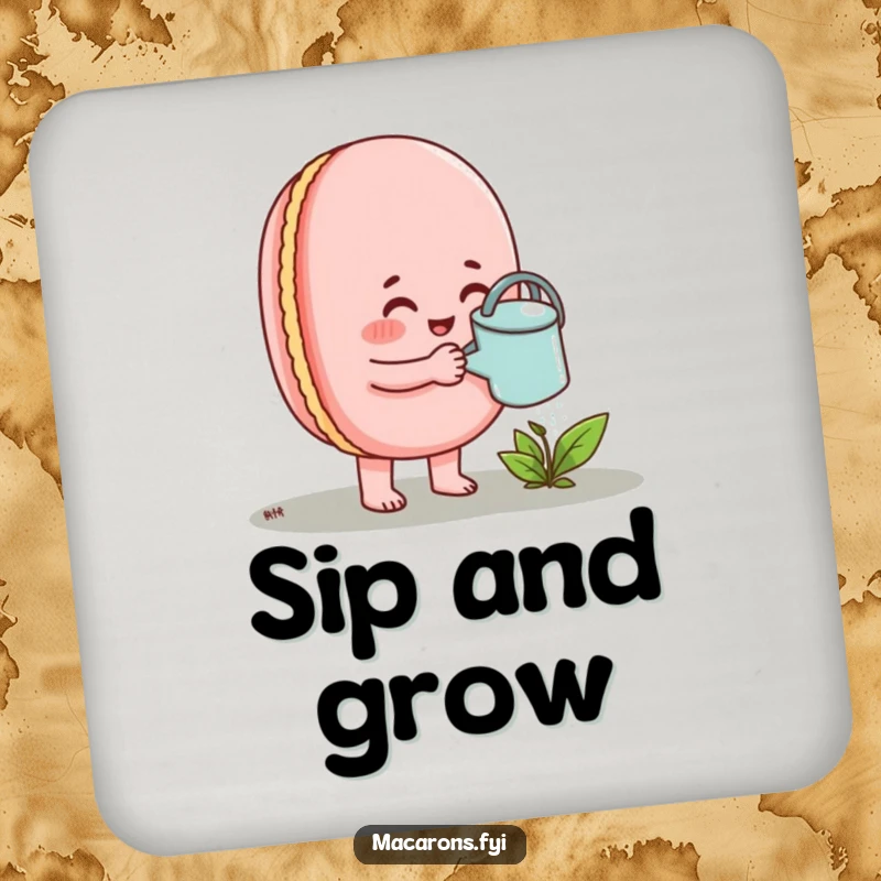 Funny Macaron Coaster featuring a cheerful macaron enthusiastically watering a small sprout.