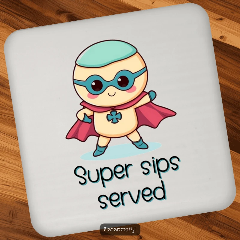 Funny superhero macaron coaster with a macaron striking a dramatic pose with capes, a heroic table accessory.