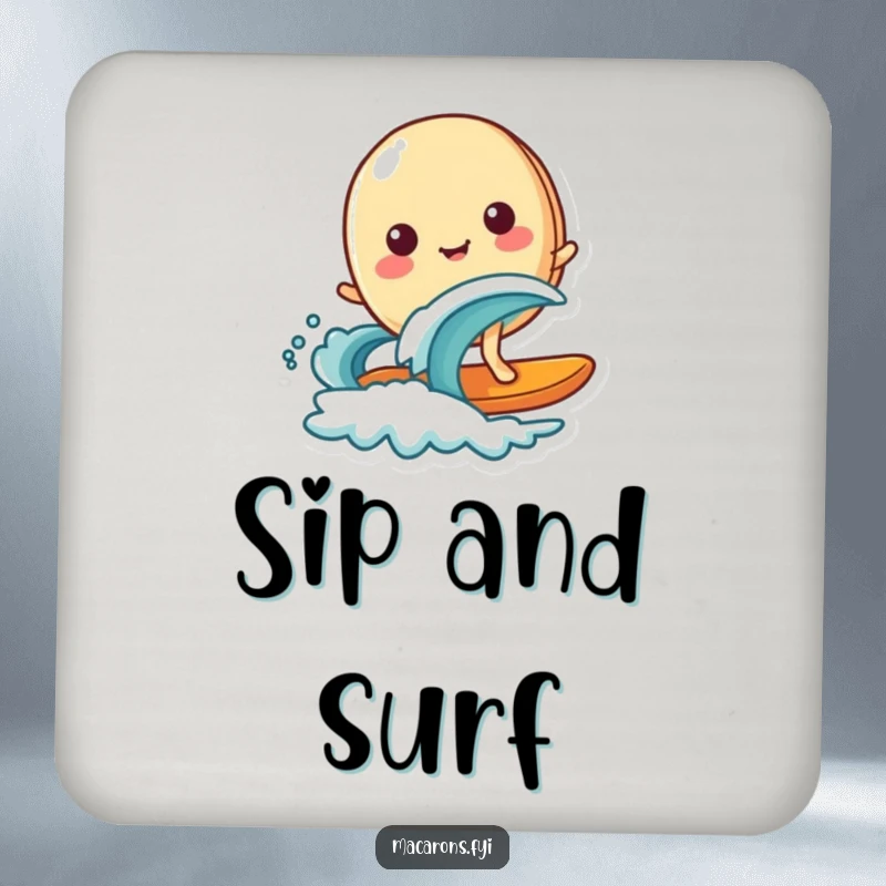 Funny happy macaron character surfing on a small wave, featured on a protective drink coaster for a touch of humorous beach style.