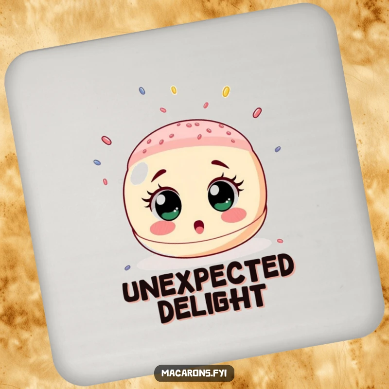 Funny coaster featuring a surprised macaron with wide eyes as a cascade of tiny sprinkles rains down, adding sweet charm.