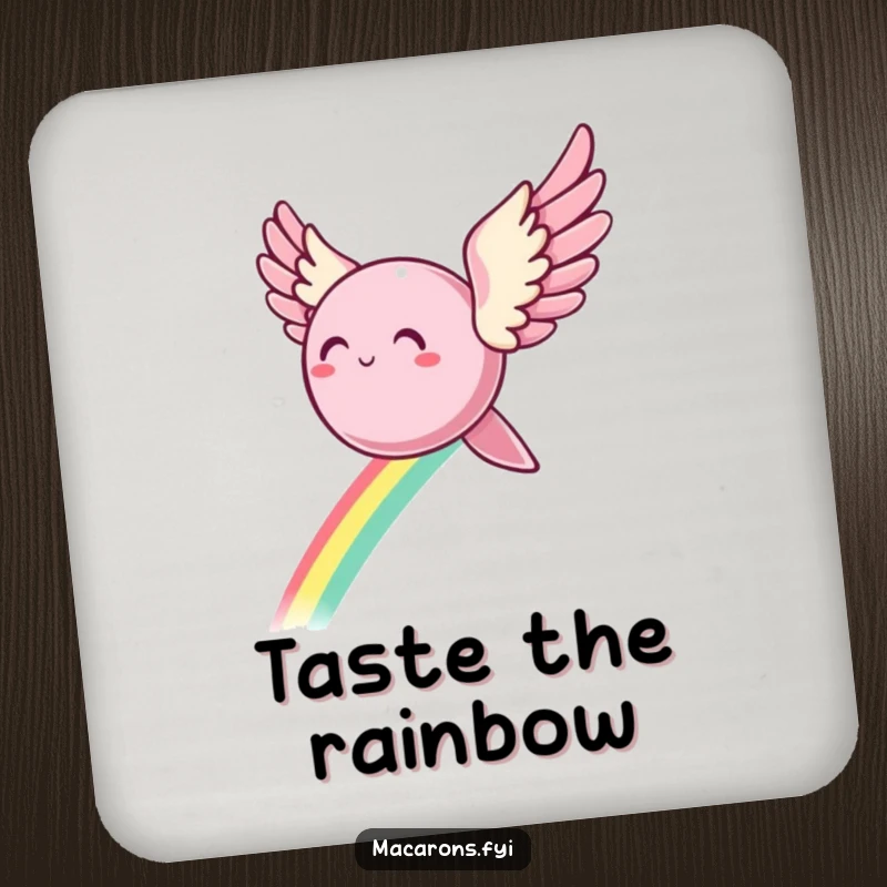 Funny Coaster: A macaron with delicate wings flies gracefully, leaving a rainbow trail, adding a magical touch to your table.