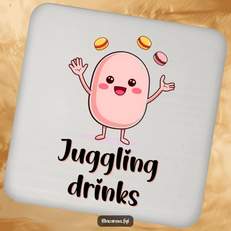 Funny cheerful macaron character juggling macarons, depicted on a set of sweet drink coasters.