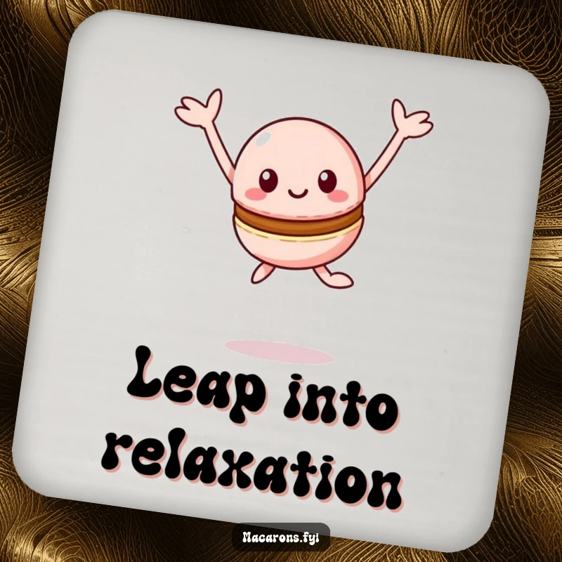 Funny Macaron Coaster: Joyful Kawaii macaron character leaping happily with arms outstretched, adding a touch of fun.