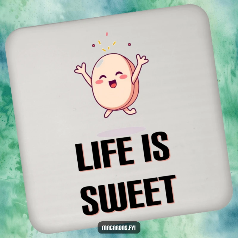 Funny Coaster: A delightful macaron character is depicted joyfully leaping, arms aiming for a single falling sprinkle, protecting your table.