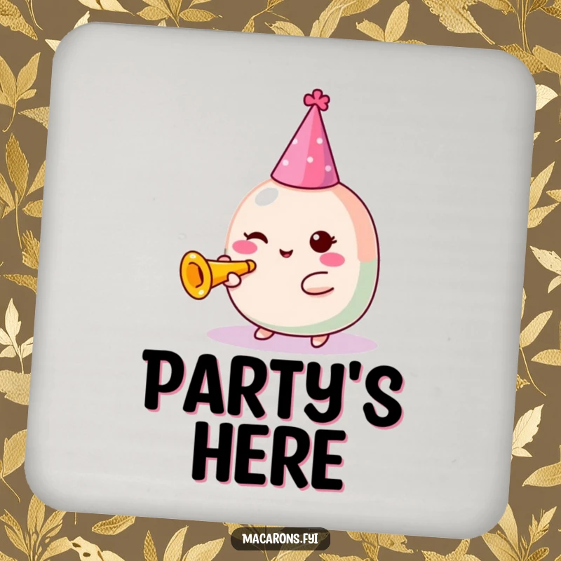 Funny Macaron Coaster: Festive Kawaii macaron character in a party hat blowing a tiny trumpet, adding party fun.