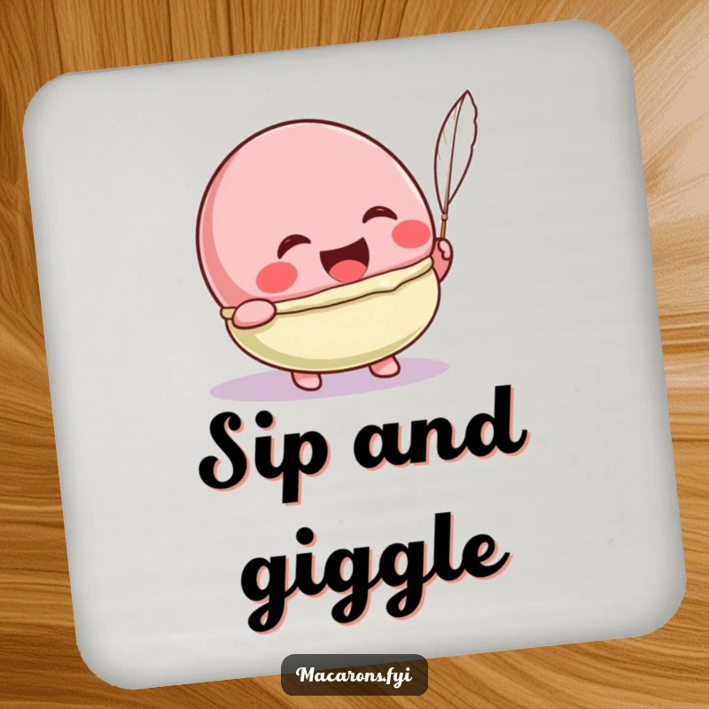 Funny Kawaii macaron character laughing from a feather tickle, adding humor to protective drink coasters.