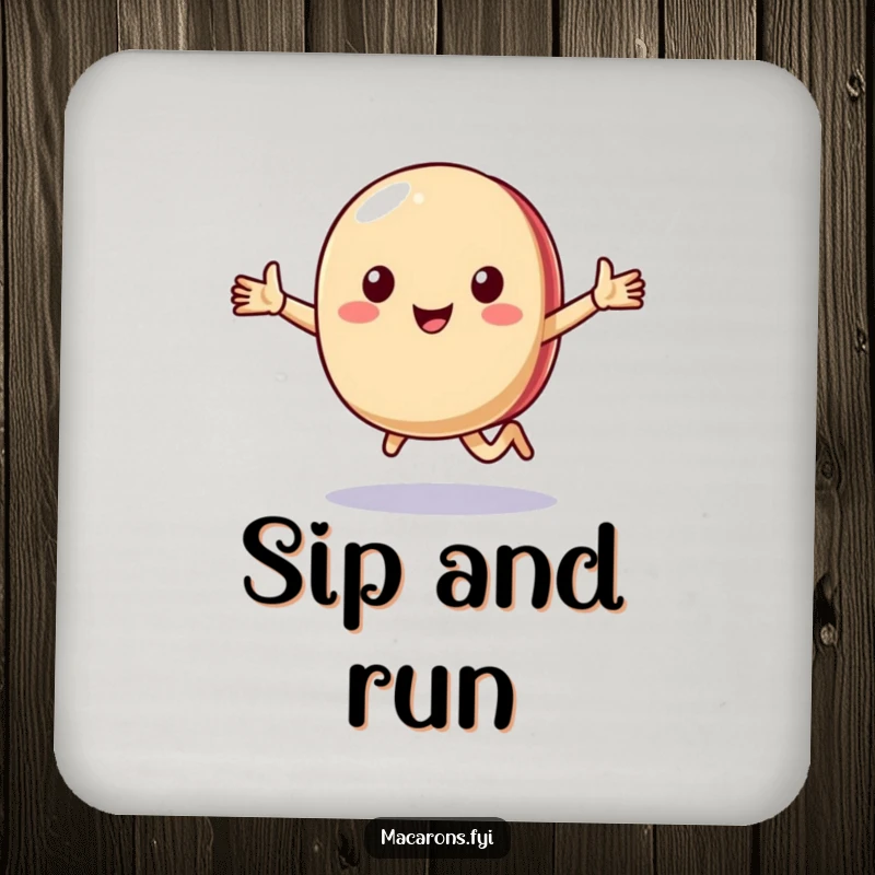 Funny macaron character running happily with arms outstretched on a drink coaster, a sweet and humorous accessory.