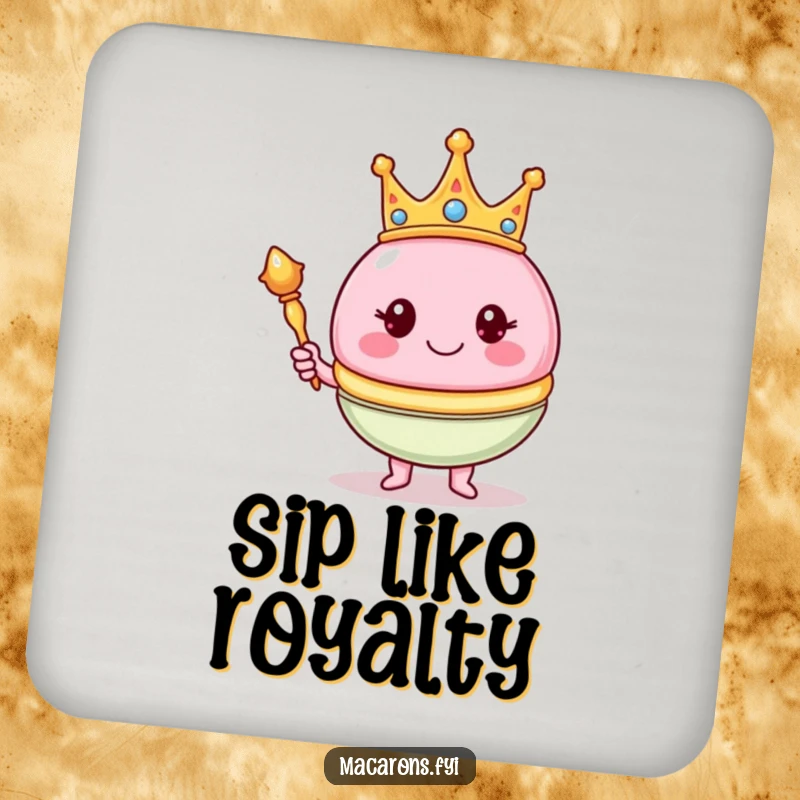 Funny macaron character wearing a crown and holding a scepter on drink coasters, adding royal humor to surfaces.