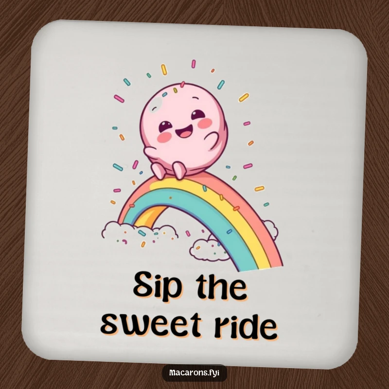 Funny macaron coaster featuring a macaron character gleefully sliding down a rainbow into a cloud of sprinkles, guarding drinks with magic.