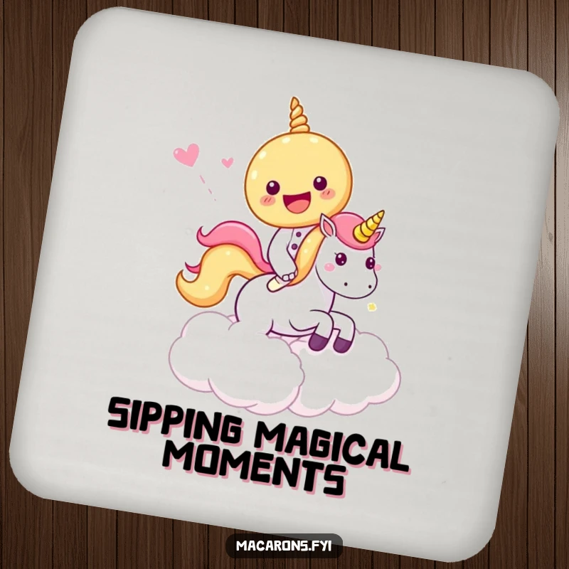 Funny Drink Coasters featuring a macaron character riding a unicorn through candy clouds, adding a sweet and magical touch to protect surfaces.