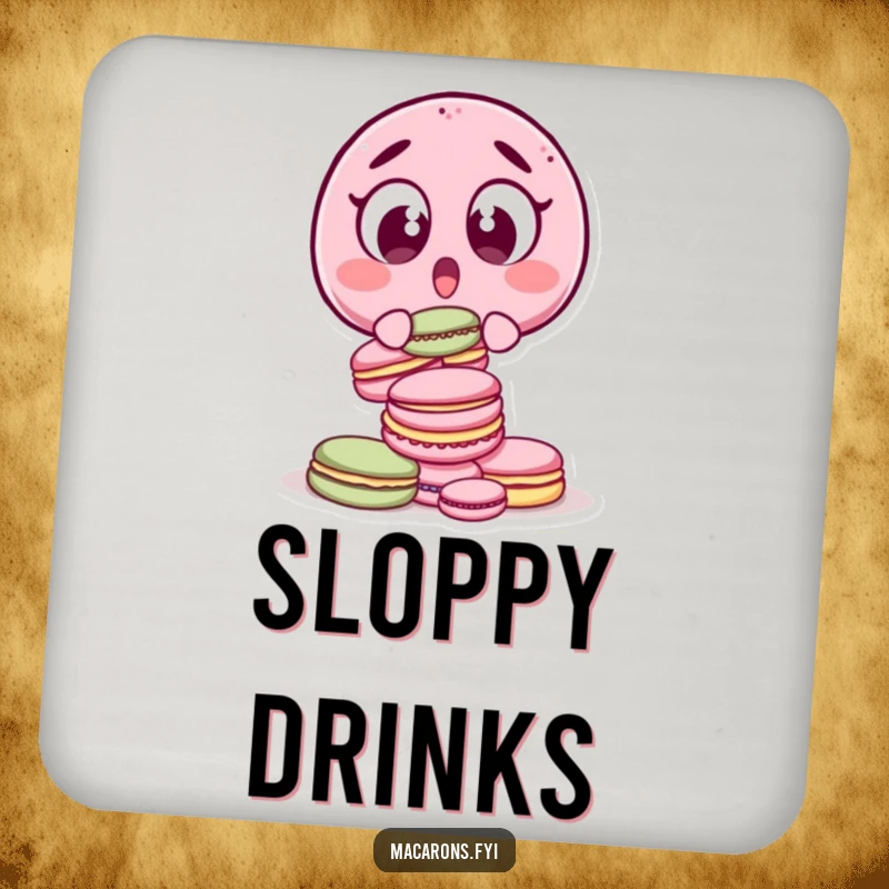 Funny surprised macaron character, wide-eyed, dropping macarons, depicted on a set of humorous drink coasters.