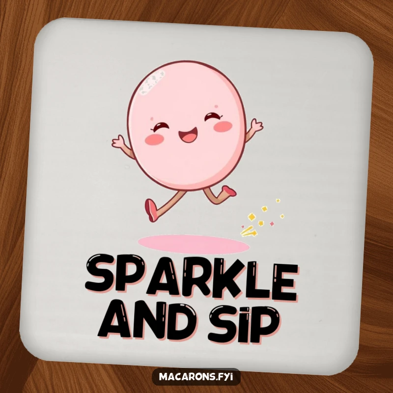Funny macaron character skipping with a shimmering dust trail on a protective drink coaster.