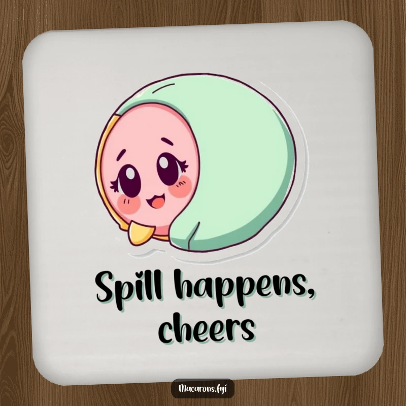 Funny macaron character tumbling with surprised delight, featured on drink coasters.