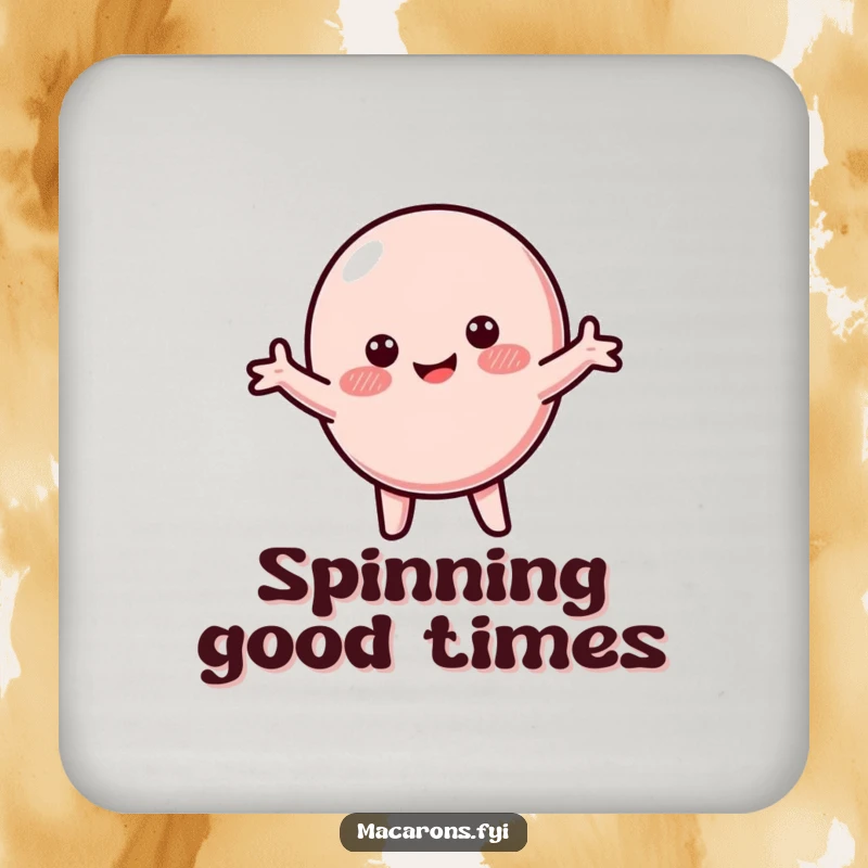 Funny macaron coaster featuring a blushing macaron character spinning happily with arms wide, guarding drinks with joy.