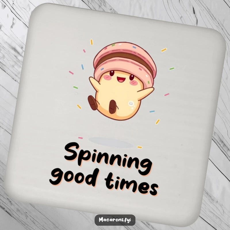 Funny macaron character in a cartwheel pose, adding a splash of sweetness and humor to a functional drink coaster.