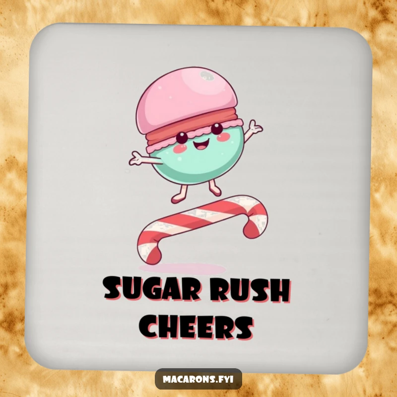 Funny Drink Coasters featuring a macaron character leaping over a candy cane, adding a sweet and energetic touch to protect surfaces.