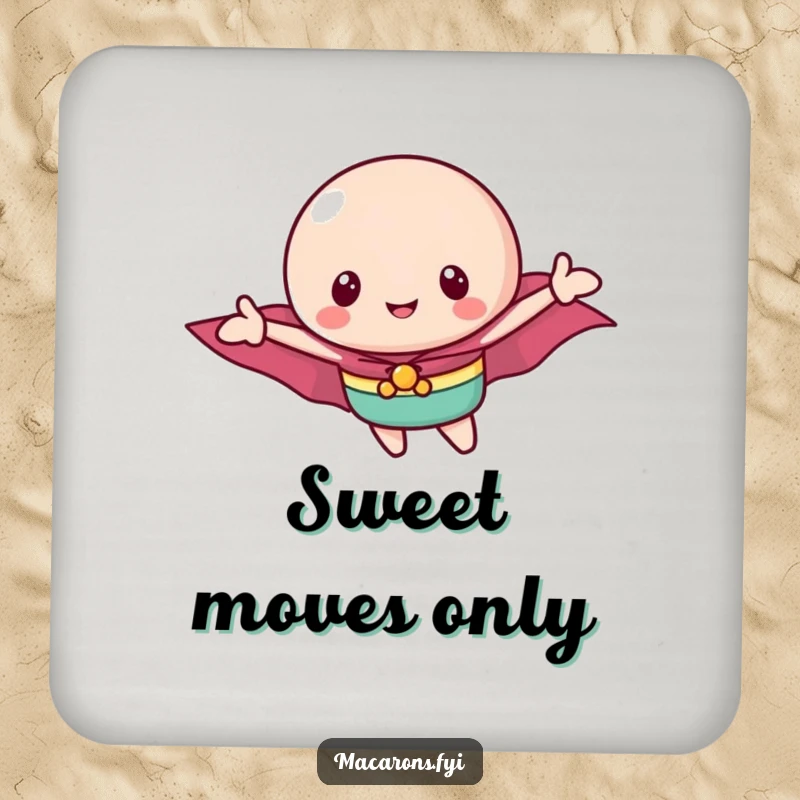 Funny macaron hero drink coaster showing a brave macaron in a cape flying, protecting surfaces with sweet style and humor.