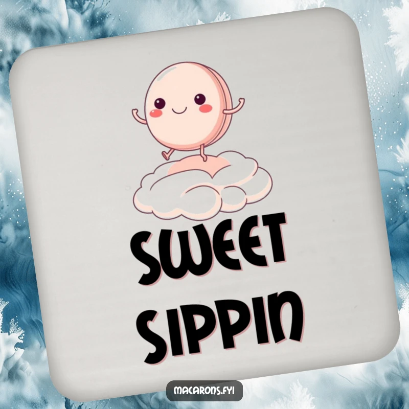 Funny macaron character joyfully bouncing on a cream cloud on drink coasters, adding sweet humor to surfaces.