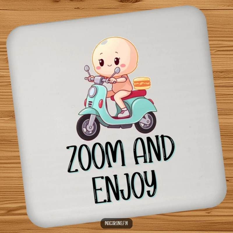 Funny macaron character zooming on a scooter in a triumphant pose on a protective drink coaster.