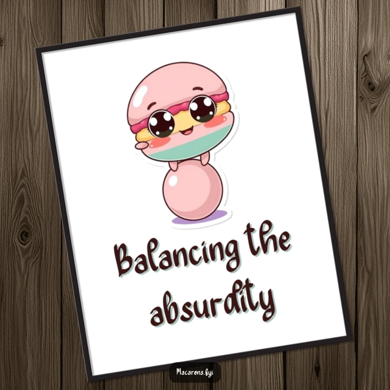 Funny macaron character's comical struggle to balance on a tiny ball, depicted with large, expressive eyes on a poster.