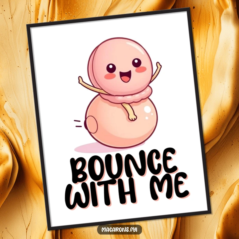 Funny peppy macaron character energetically riding a small bouncy ball, depicted as dynamic wall art for a playful atmosphere.