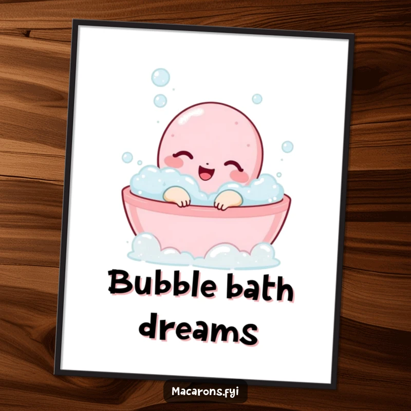 Funny macaron character blissfully happy in a bubbly bath, presented as charming wall art.