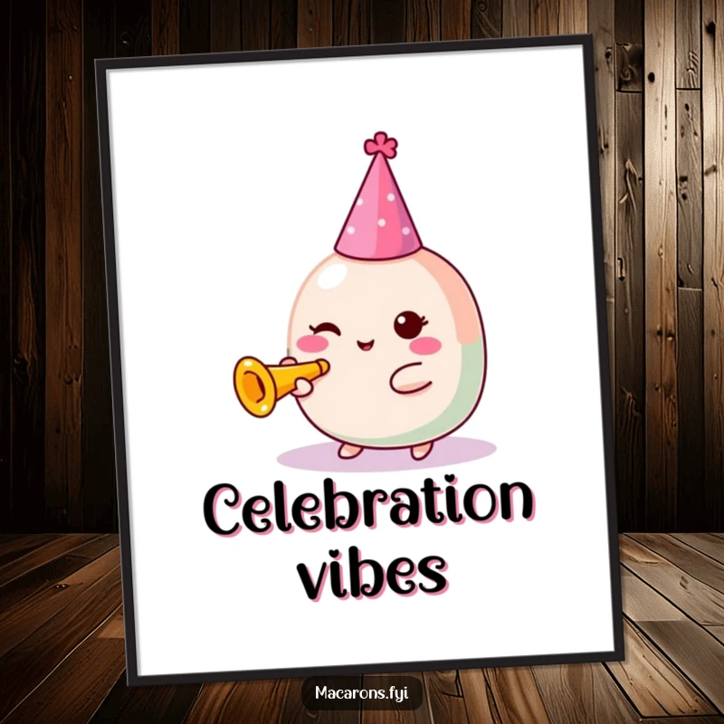 Funny Macaron Poster: Festive Kawaii macaron character wearing a party hat and blowing a tiny trumpet, celebrating joyfully.