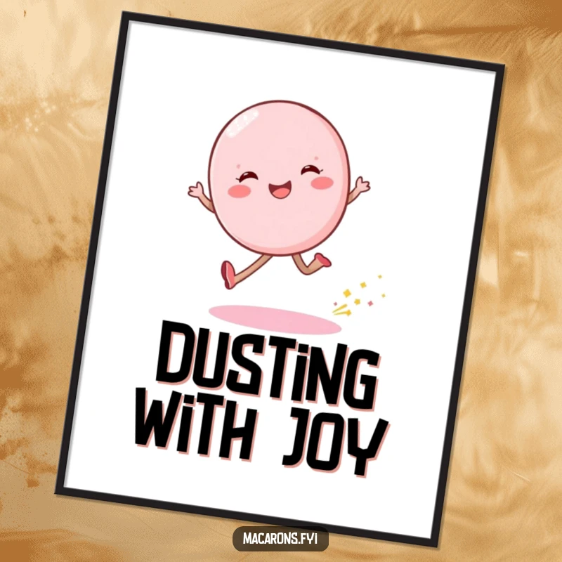 Funny macaron character skipping joyfully, leaving a trail of iridescent dust, presented as a vibrant wall art print.