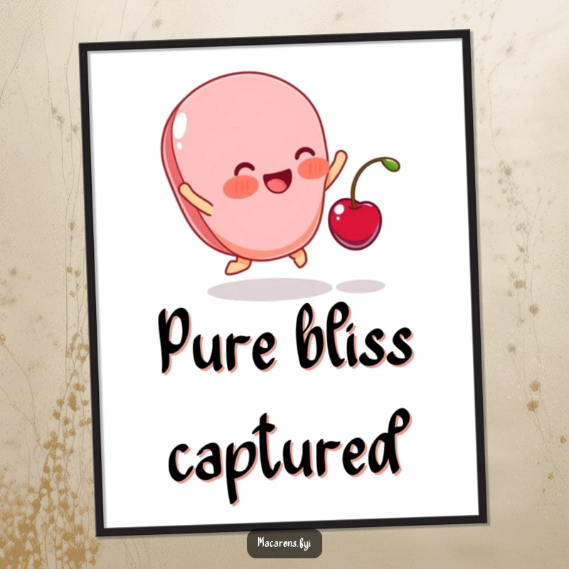 Funny poster art of a blushing macaron jumping joyfully to catch a small cherry, capturing a moment of pure sweet bliss.