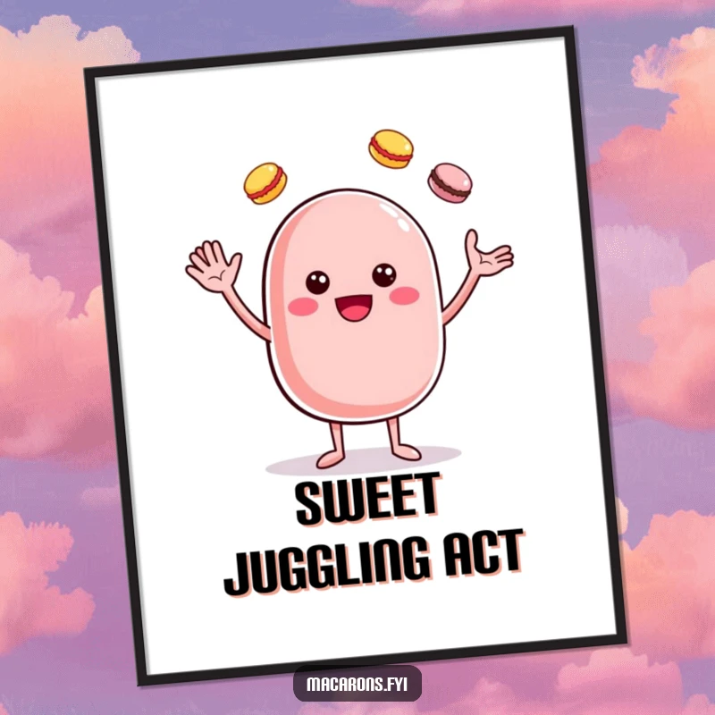 Funny cheerful macaron character joyfully juggling colorful macarons, in a whimsical poster design.