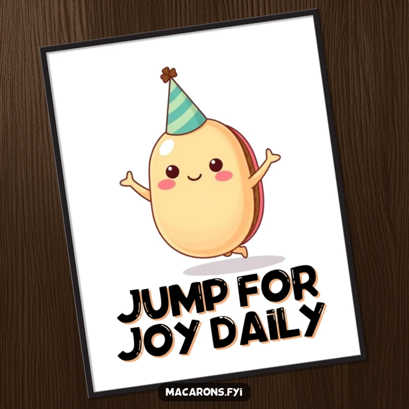 Funny macaron character in a party hat, celebrating with a joyful jump, presented as vibrant wall art for a cheerful home.