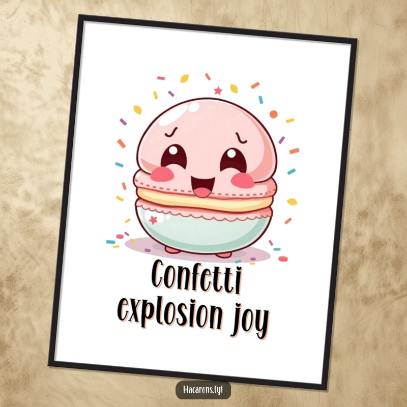 Funny macaron character with wide laughing eyes, showered by colorful confetti, showcased as vibrant wall art.