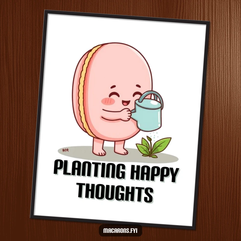 Funny Macaron Poster depicting a happy macaron enthusiastically watering a small sprout.