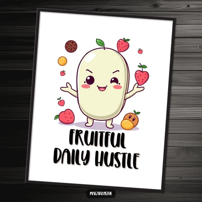 Funny Poster: A macaron character with a mischievous grin is depicted skillfully juggling several tiny fruits, bringing playful energy.