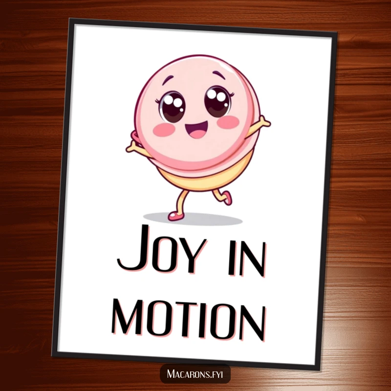 Funny Macaron Poster: Whimsical Kawaii macaron character with big eyes performing an energetic cartwheel, bringing joy to any wall.