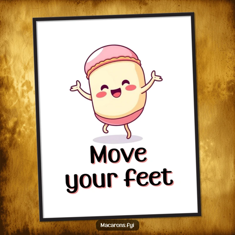 Funny Kawaii macaron character doing a silly, exaggerated dance, a humorous and energetic art poster.