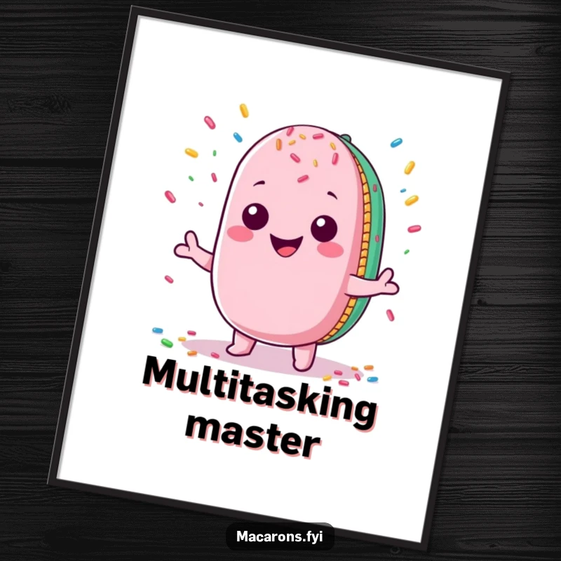 Funny Macaron Poster: Adorable Kawaii macaron character with a wide grin juggling a colorful flurry of sprinkles, bringing joy.