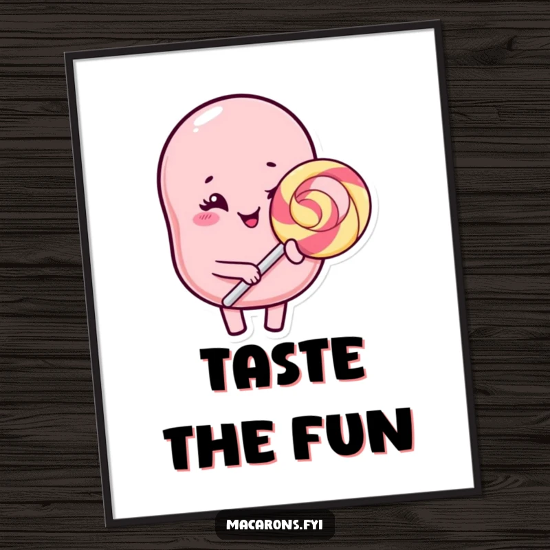 Funny Kawaii macaron character winking with a giant lollipop, a humorous and sweet digital art poster.