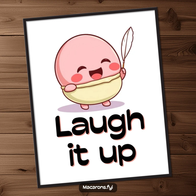 Funny Kawaii macaron character laughing heartily from a feather tickle, a humorous and joyful art poster.