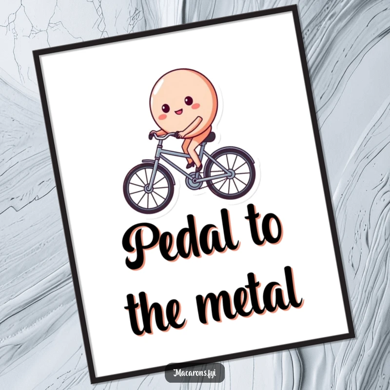 Funny macaron character on a tiny bicycle, pedaling with a determined and happy face, captured in a vibrant and humorous poster.