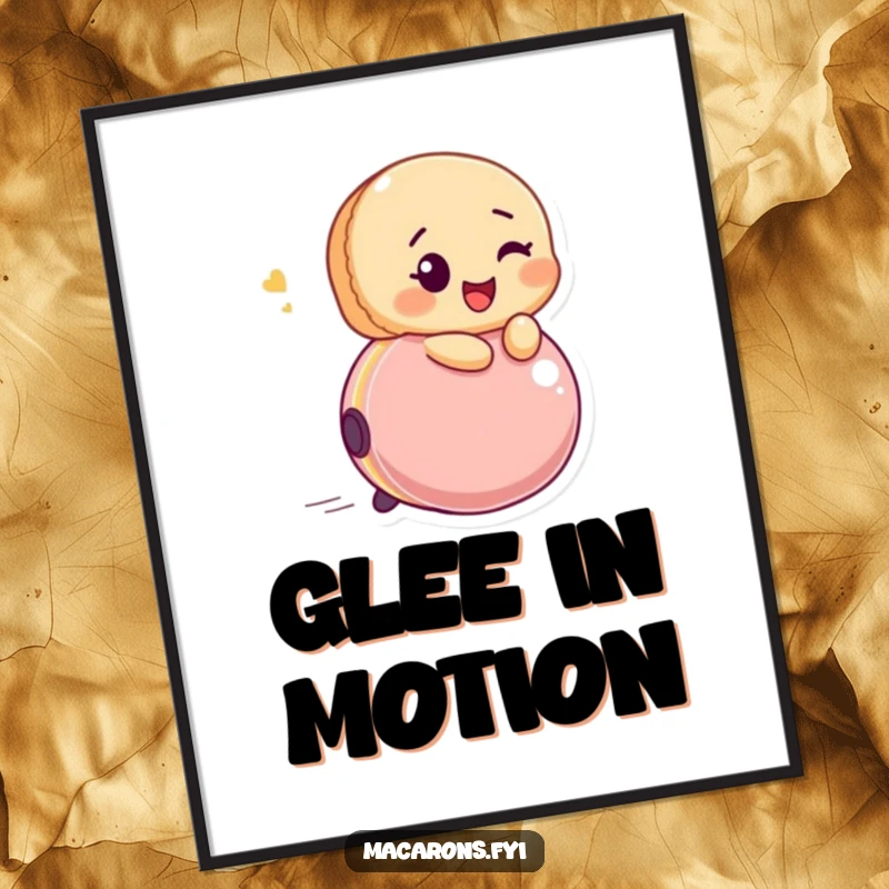 Funny macaron character winking while gleefully riding a bouncing ball, creating cheerful and humorous wall art.